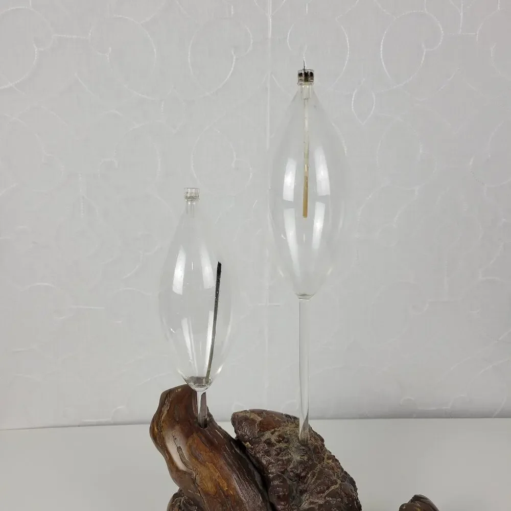 Vintage Oil Candle Lamp Burl Root Designs Glass Lantern Wood Base MCM Retro